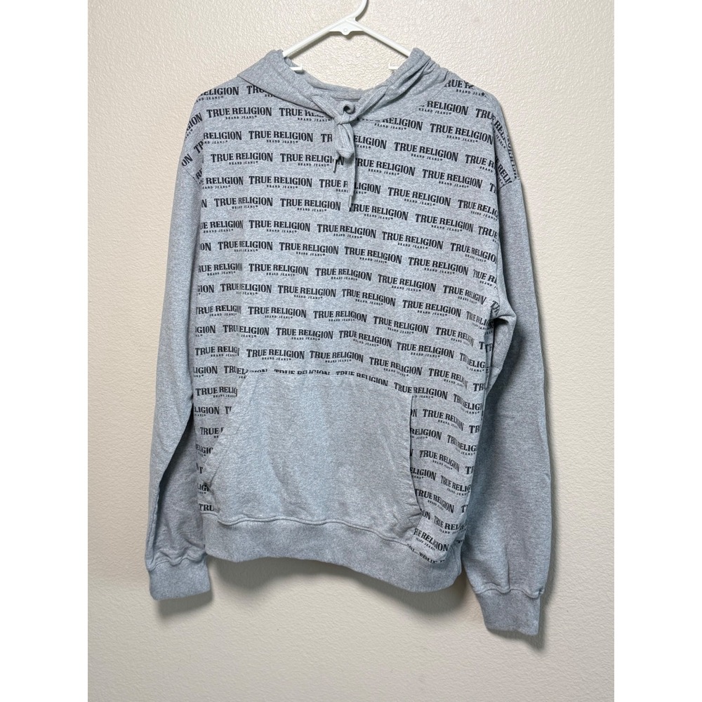 True Religion Mens All Over Logo Print Pullover Hoodie Gray XL RN 90731